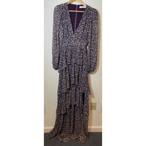 Astr the Label Tired Maxi Dress Side Slit Open Back Purple Green Gold Floral M - Picture 1 of 7